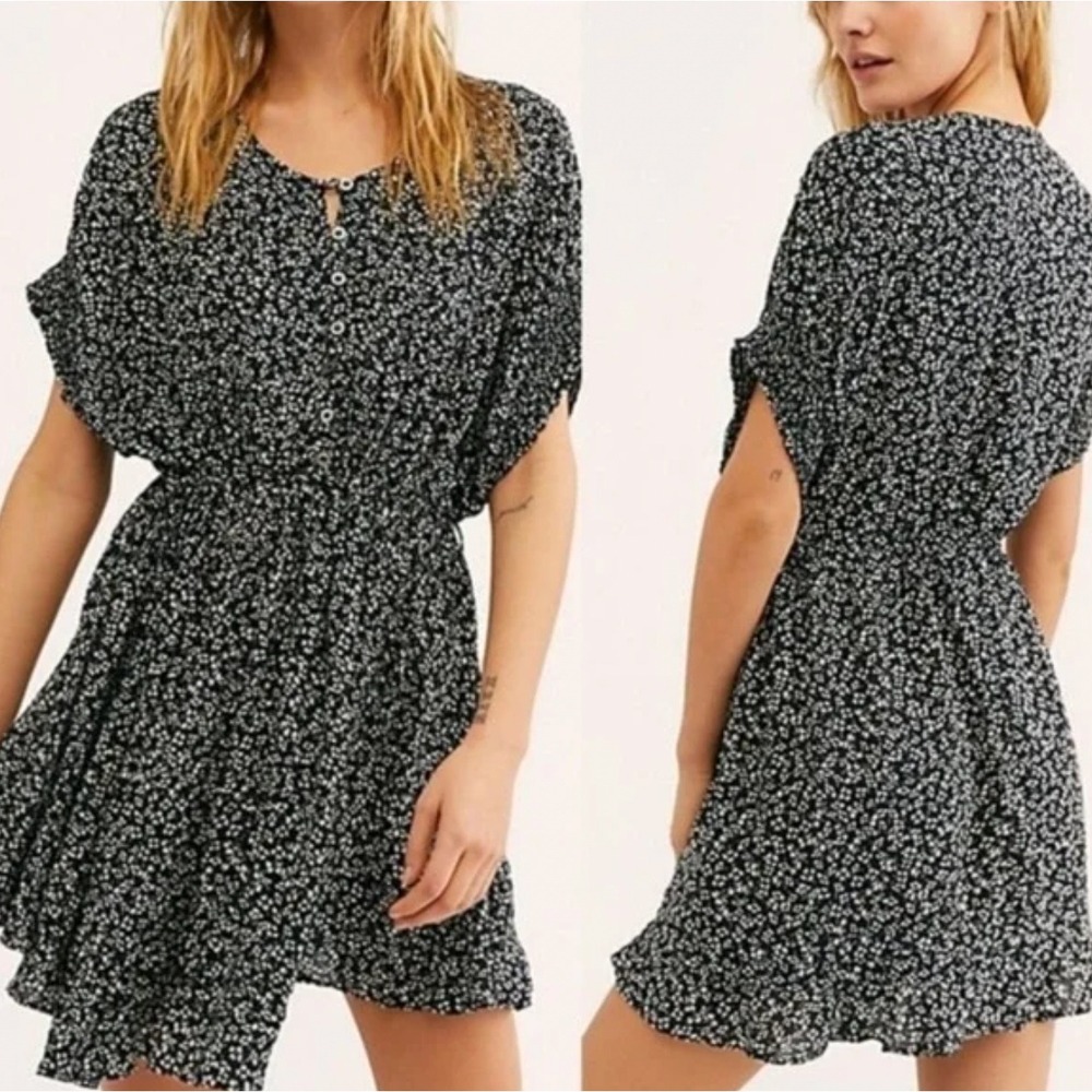 Free People One Fine Day Ditzy Floral Mini Dress in Black White Size Small‎